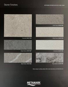 Metamark interior architectural film sample featuring realistic stone finishes for worktops, walls, furniture, and surfaces, used in sustainable commercial interior design. Urban feel