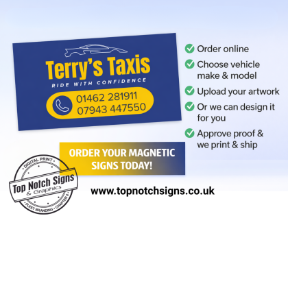 Custom magnetic vehicle sign showing branded car door signage by Top Notch Signs