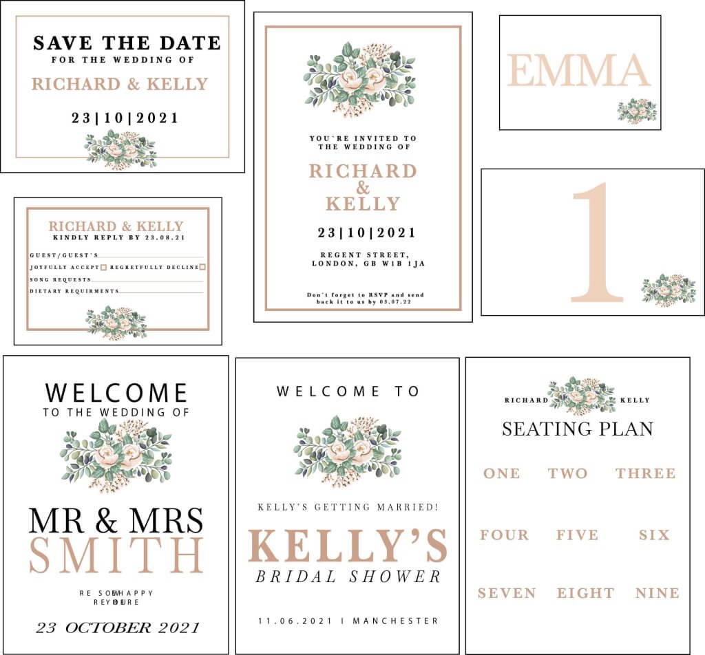 Elegant foam board wedding signs announcing couple's names and the date of their special day.