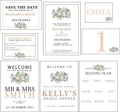 Elegant foam board wedding signs announcing couple's names and the date of their special day.