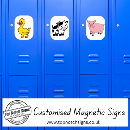 A set of blue metal school lockers with colorful rectangular magnetic signs featuring rounded corners. The magnetic signs are attached to the locker doors, adding vibrant designs and messages to the otherwise plain metallic surface.
