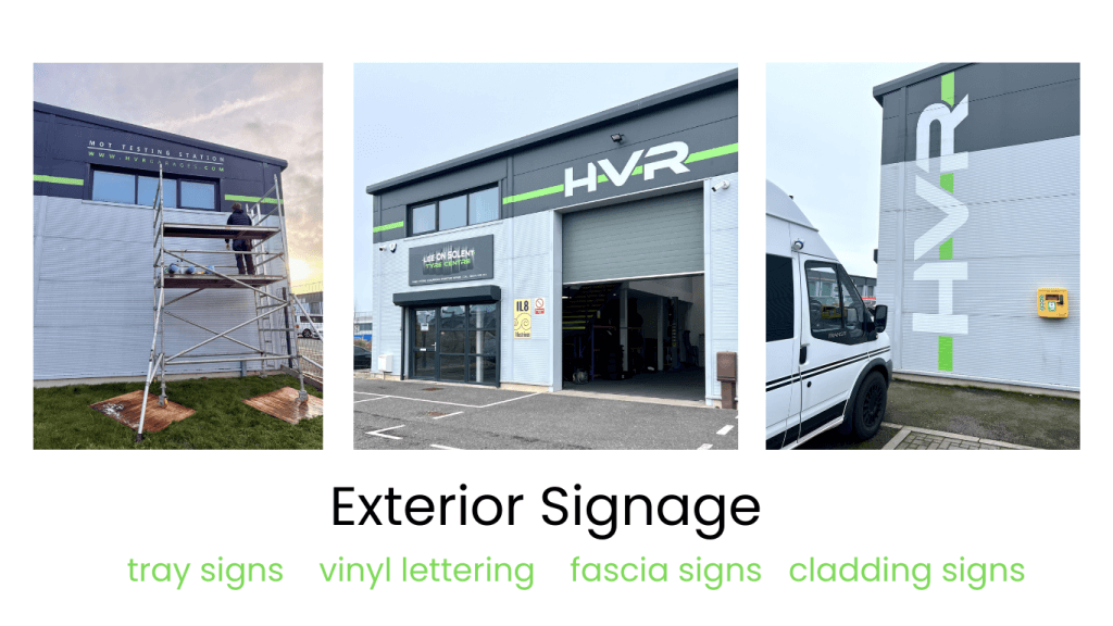 Exterior signage for industrial units in Portsmouth and Fareham with vinyl lettering, tray signs and fascia signage on commercial cladding.